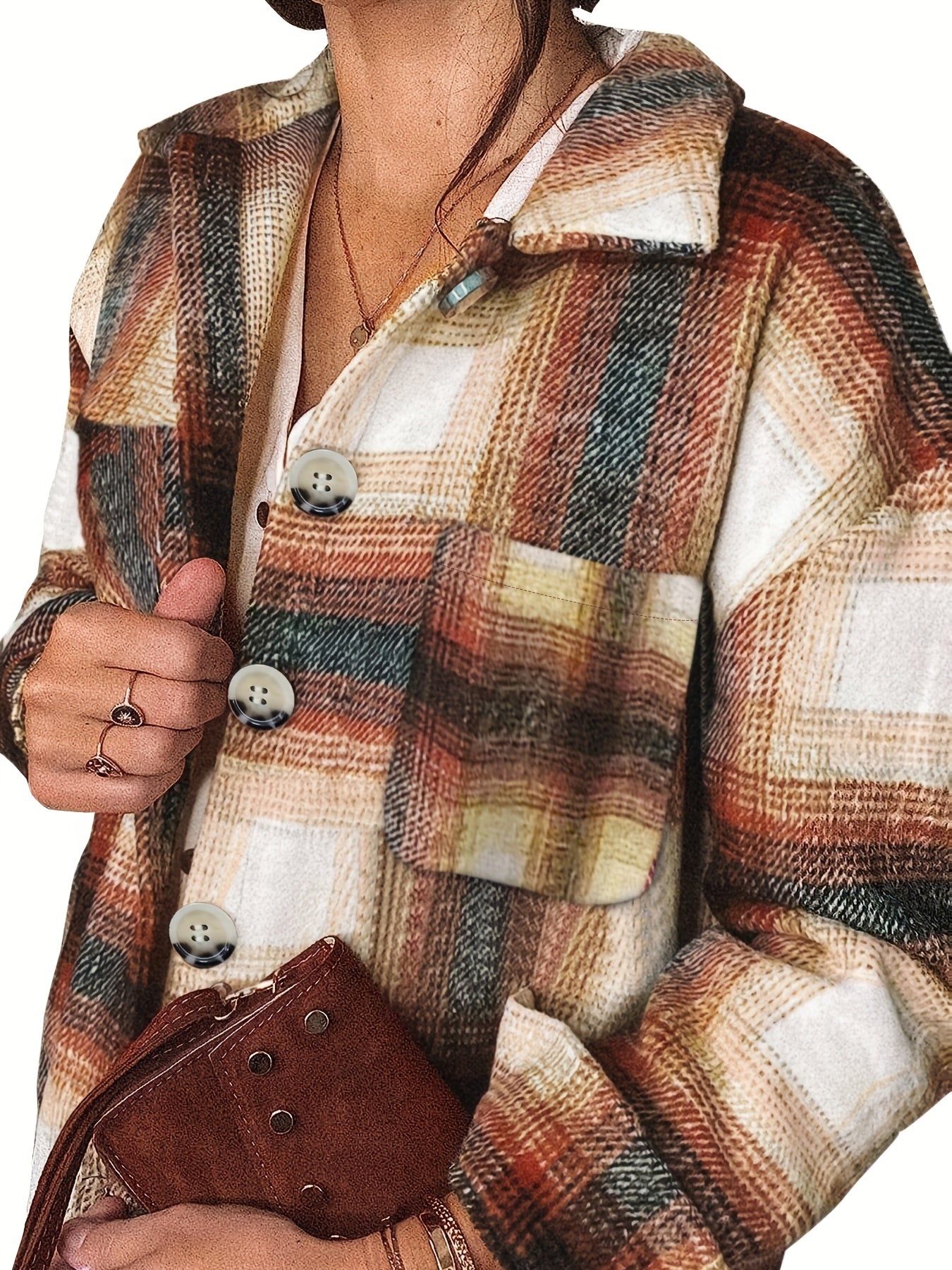 Plaid Patched Pocket Jacket Long Sleeve Spring Fall Women's Clothing