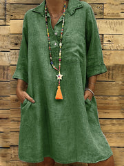 Solid Button Front Dress Casual 3 4 Sleeve Dress With Pockets Women's Clothing