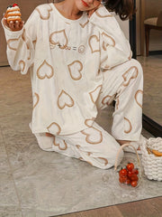 Heart Print Pajama Set Long Sleeve Crew Neck Top & Elastic Waistband Pants