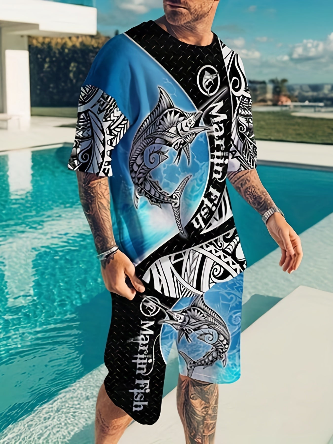 Letter And Stripe Print Mens 2 Piece Outfits T-shirt And Shorts Set