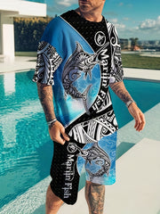 Letter And Stripe Print Mens 2 Piece Outfits T-shirt And Shorts Set