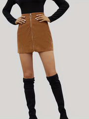 High Waist Corduroy Mini Skirt Zip Front Fall Winter Casual Women's Clothing