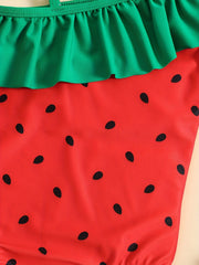 Girls Watermelon Print One Piece Swimsuit Asymmetrical Straps