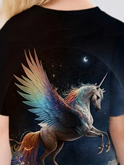 3D Unicorn With Wings Graphic T shirt Girls Casual Short Sleeve Tees