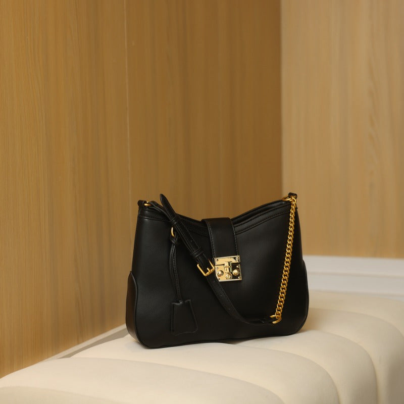 Vintage Shoulder Bag with Metal Buckle & Chain Strap