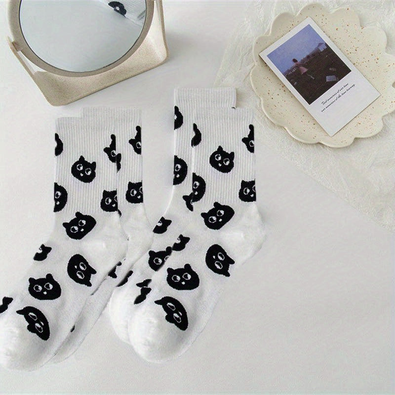Cartoon Cat Print Socks 2 Pairs Women's Mid Tube Stockings Hosiery