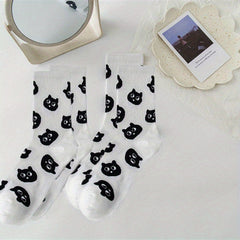 Cartoon Cat Print Socks 2 Pairs Women's Mid Tube Stockings Hosiery