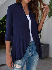 Casual Cardigan Women's Plus Solid Three Quarter Sleeve Ruffle Trim