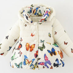 Girls Butterfly Print Padded Jacket Hooded Cotton Jacket