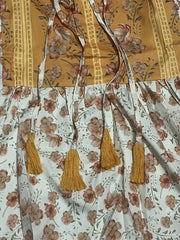 Floral Print Drawstring Dress Vintage V Neck Ruffle Trim Midi Dress