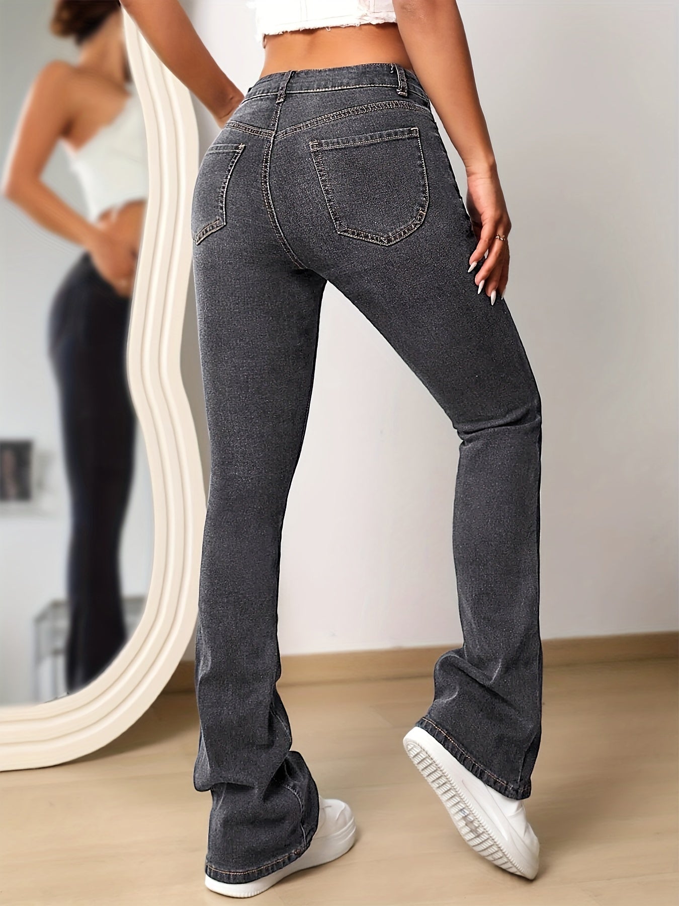 Grey Flared Legs Denim Jeans Bell Bottom High Stretch