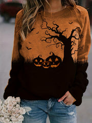 Halloween Print Crew Neck Sweatshirt Long Sleeve Raglan Shoulder Sweatshi