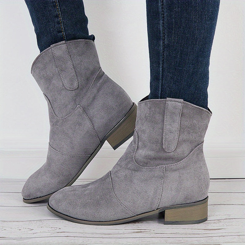 Women's V Cut Ankle Boots Retro Slip On Block Low Heel Shoes
