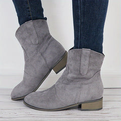 Women's V Cut Ankle Boots Retro Slip On Block Low Heel Shoes