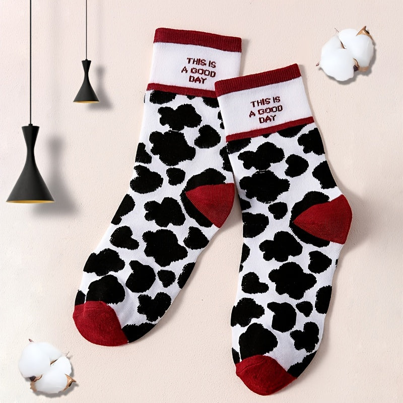 Colorblock Socks Cow Spots Print Mid Tube Socks Women's Stockings