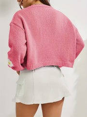Y2K Floral Embroidered Knit Cardigan Open Front Long Sleeve Cropped Sweater