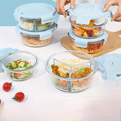 3pcs Round Glass Bento Box Microwave Safe Lunch Box 950ml