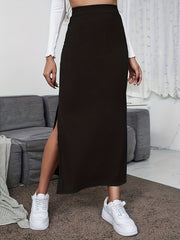 Solid Ribbed High Rise Side Split Maxi Midi Skirt