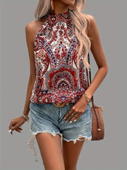 Tie Dye High Neck Top Sleeveless Summer Casual Keyhole