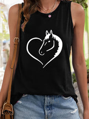 Heart & Horse Print Sleeveless Sports Vest Round Neck Casual Tops