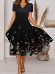 Floral Print Short Sleeve V Neck Plus Size Boho Dress
