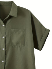 Solid Button Up Short Sleeve Blouse