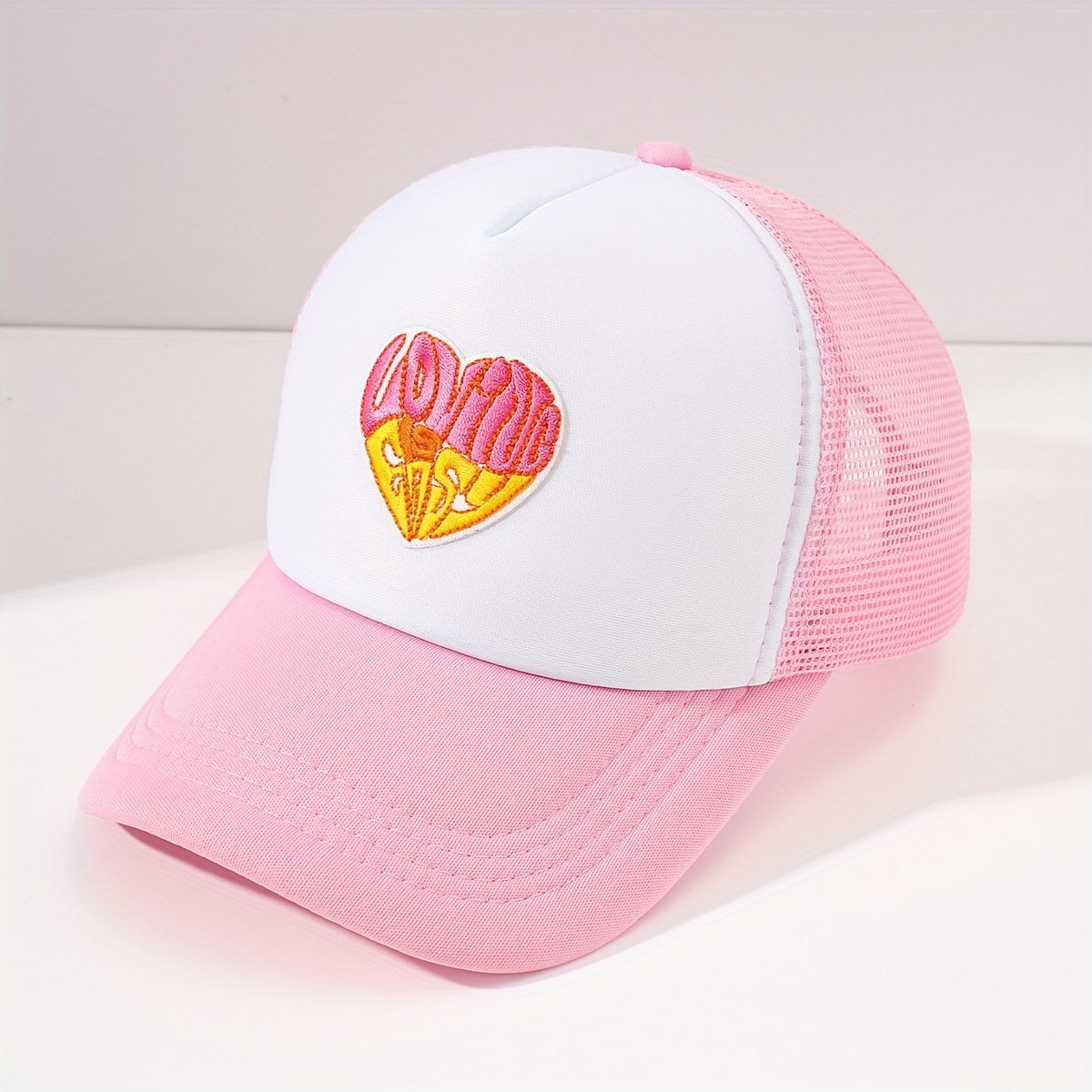 Pink Heart Embroidery Trucker Hat Cartoon Mesh Baseball Cap