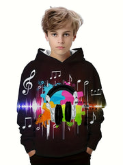 Earphone And Music Note Print Boy's Hoodie Kids Casual Long Sleeve