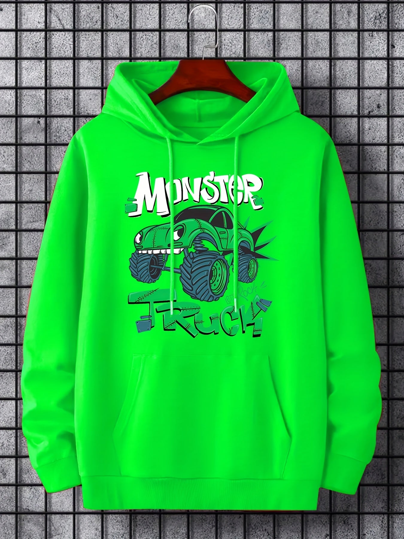 Men's Monster Truck Print Hoodie Casual Drawstring Hooded Sweatshirt