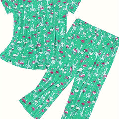 Flamingo & Coconut Tree Print V Neck Top & Pants Pajama Set
