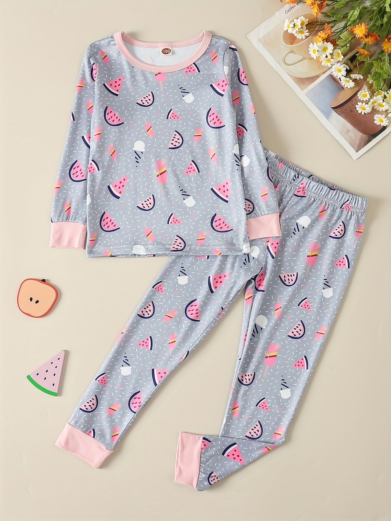 2Pcs Toddler Girls Watermelon Pajama Set Long Sleeve Top & Pants
