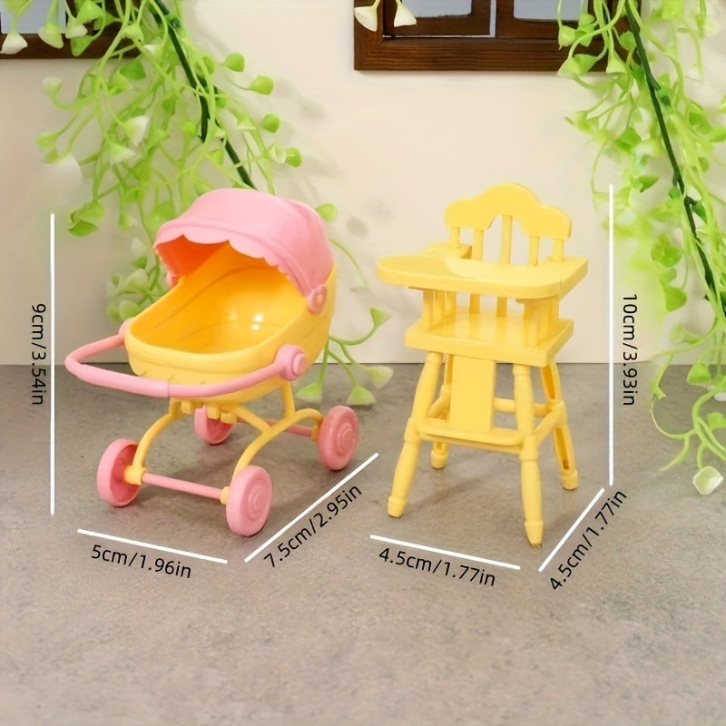 2pcs Dollhouse Furniture Set Dining Pushcart and Chair for Mini Fairy House