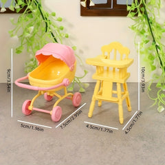 2pcs Dollhouse Furniture Set Dining Pushcart and Chair for Mini Fairy House