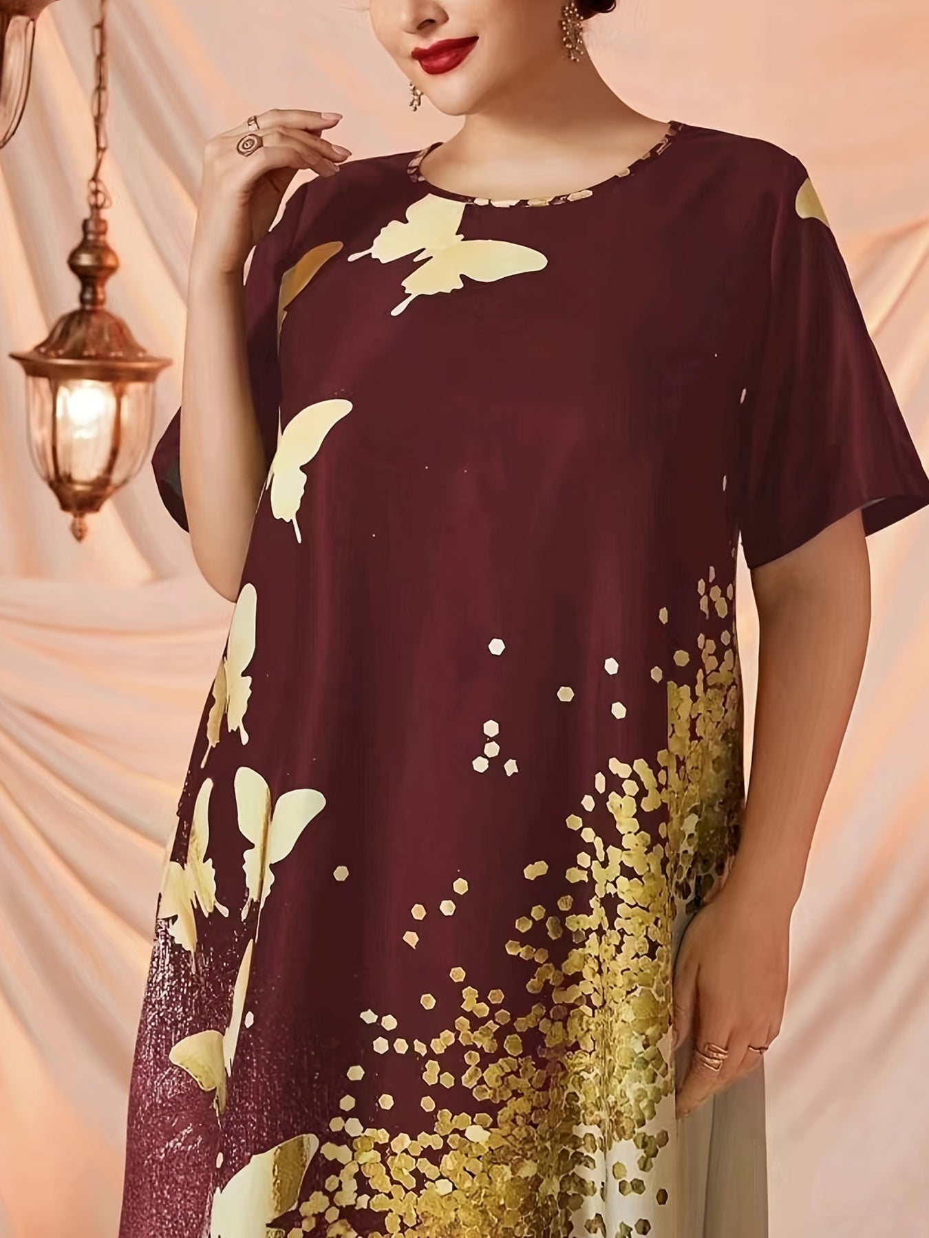 Glitter Butterfly Print Round Neck Maxi Dress Plus Size Abaya