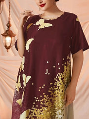 Glitter Butterfly Print Round Neck Maxi Dress Plus Size Abaya