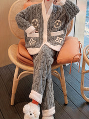 Floral Print Fuzzy Pajama Set Long Sleeve Top & Pants Women's Sleepwear