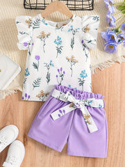 Girls Ruffled Sleeve Flower T-Shirt & Belted Shorts Set Summer Clothes