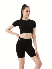 Solid Bustier And Shorts Sports Fitness Yoga Running Set