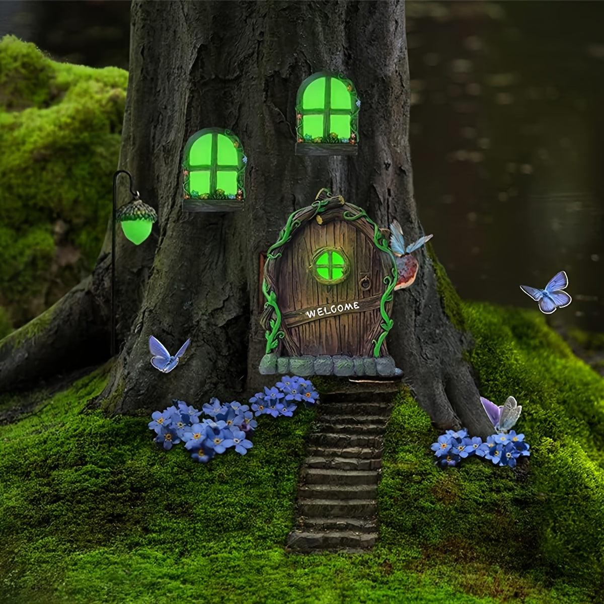 4pcs Fairy Welcome Door and Window Lamps Set Resin Fairy and Gnome House
