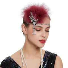 Rhinestone Flapper Headband with Feather & Pearl Tassel