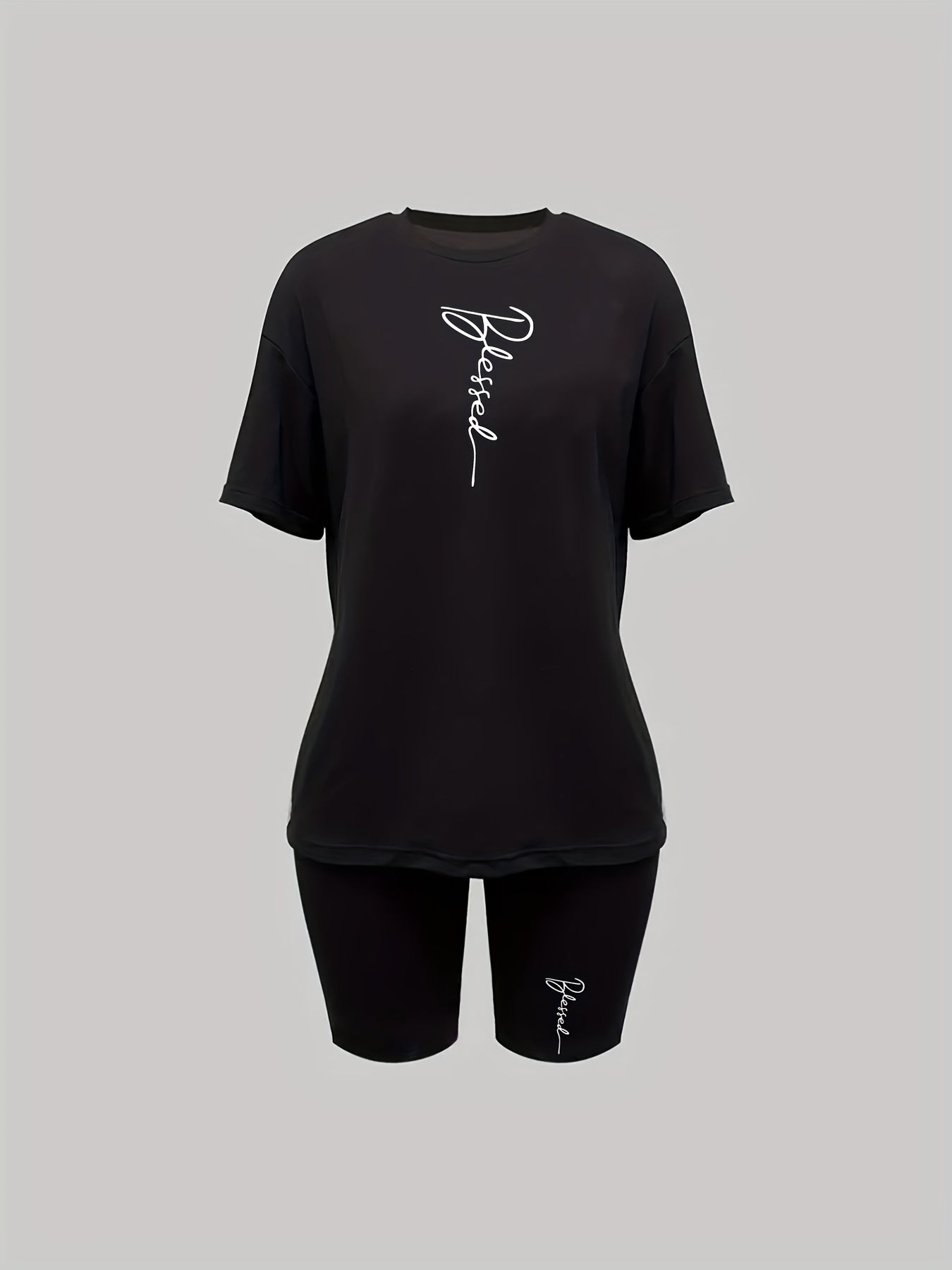 Letter Print Matching Two piece Set Casual Short Sleeve T shirt & Biker Shorts