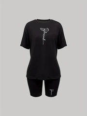 Letter Print Matching Two piece Set Casual Short Sleeve T shirt & Biker Shorts
