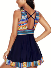 Colorblock Geo Print V Neck Swimsuit