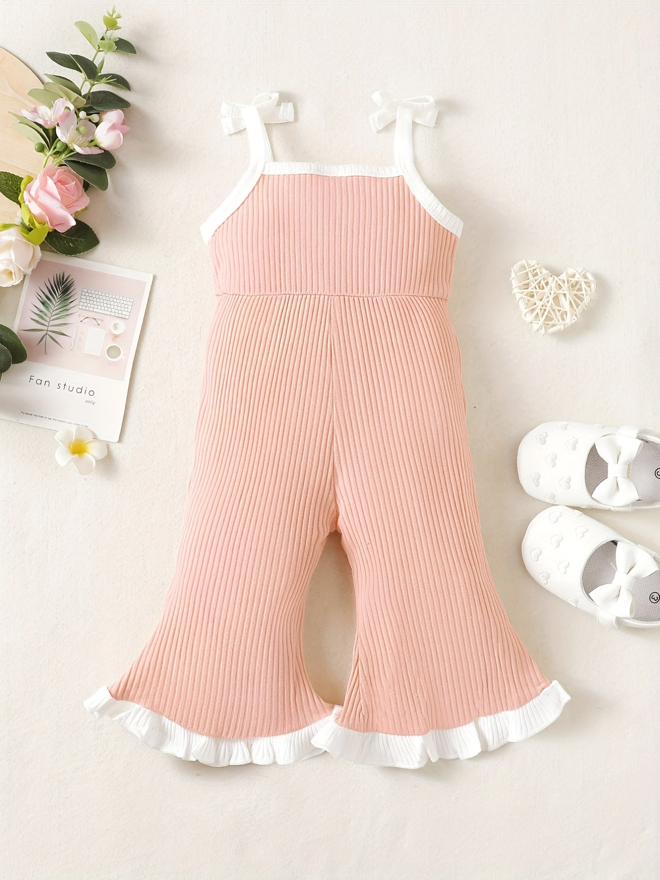 Infant Girls Bow Ruffle Knitted Ribbed Jumpsuit
