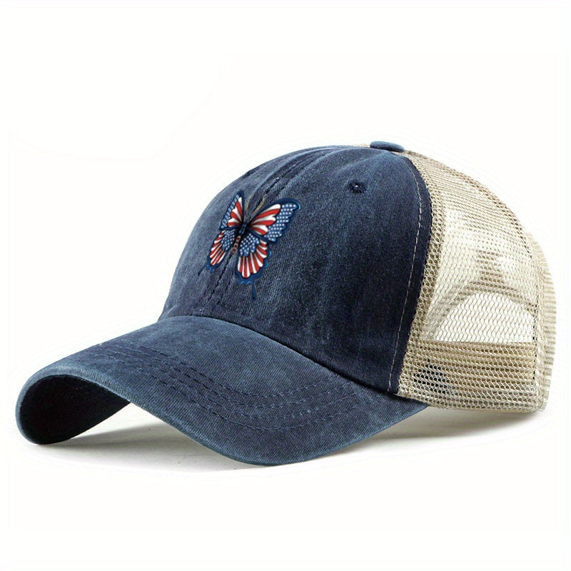 Flag Butterfly Baseball Cap Distressed Mesh Trucker Hat