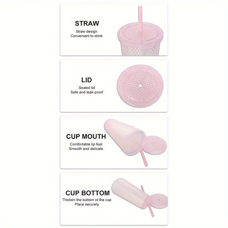 650ml Double Wall Plastic Coffee Cup with Straw Tumbler Mug Rivet Design