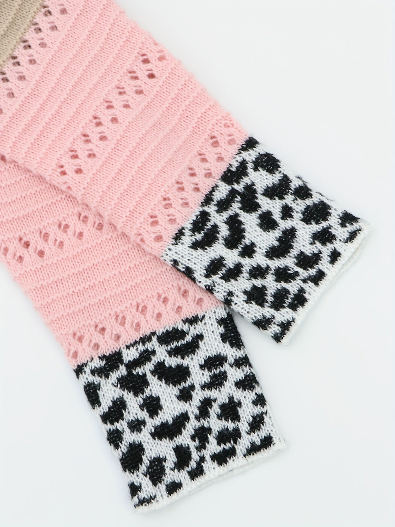 Colorblock Leopard Print Eyelet Embroidered Hooded Sweater