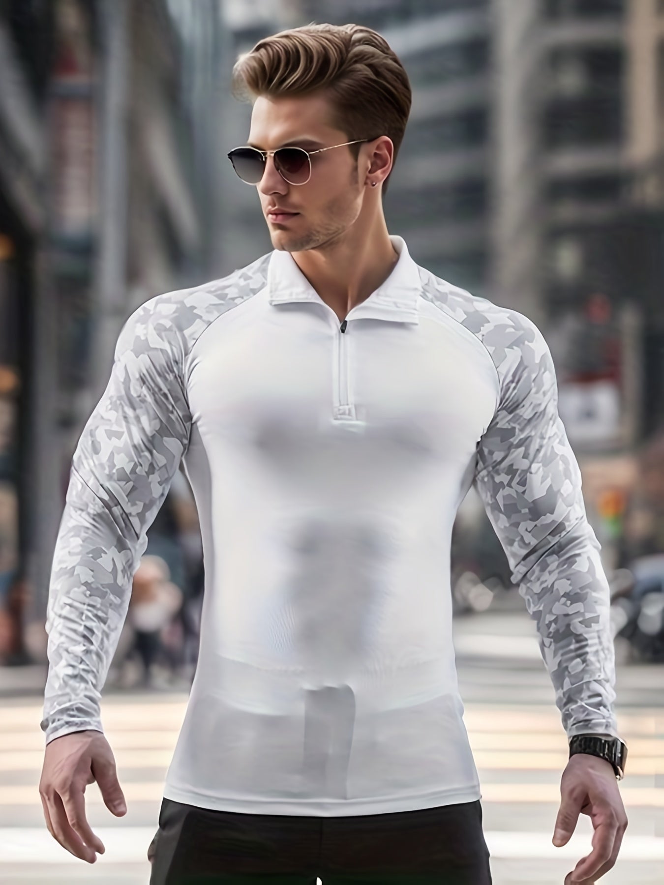 Men's Quick Dry Slim Fit Shirt Active Mid Stretch Lapel Zip Long Sleeve