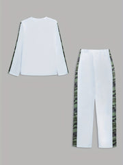 Camo Print Two Piece Set Letter Print Long Sleeve Tops & Wide Leg Pants