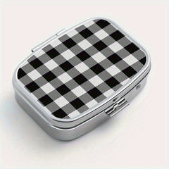 Compact Plaid Pill Organizer Metal Case, Ideal for Travel & Jewelry Storage